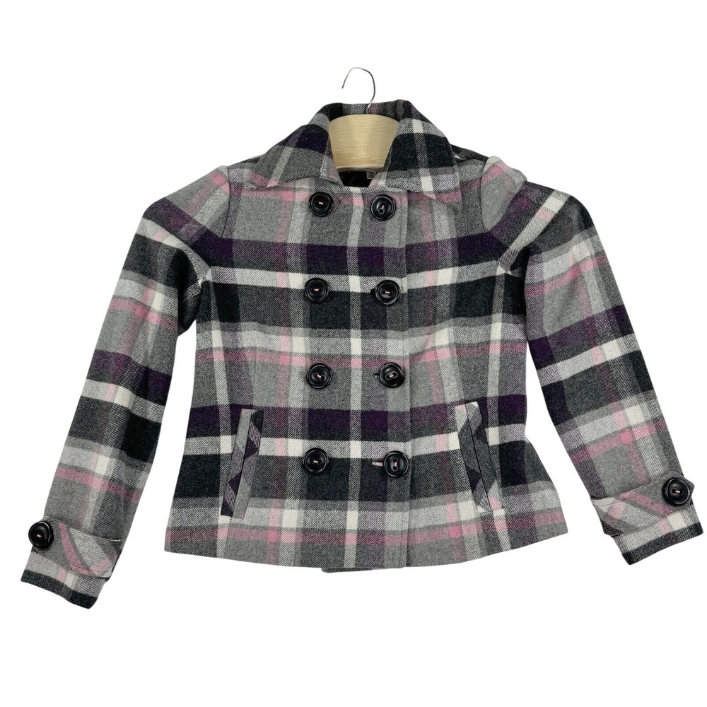 Cabi Womens 4 Pink Gray Black Plaid Double Breasted Wool Blend Jacket Preppy
